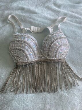 White Beaded Fringe Embellished Push-Up Bra